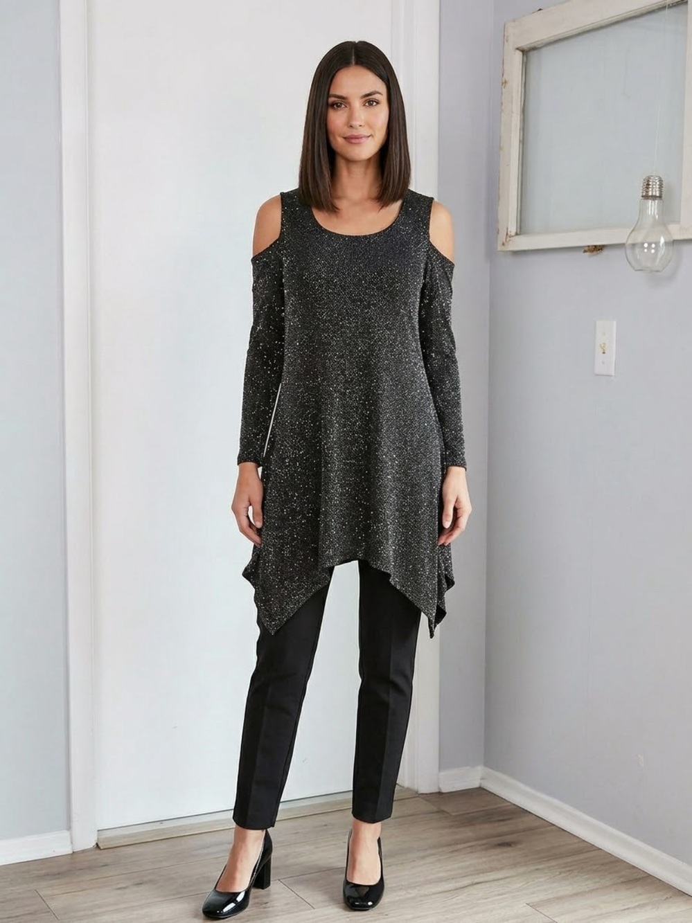 Boston Proper Black Sparkle Cold-Shoulder Tunic